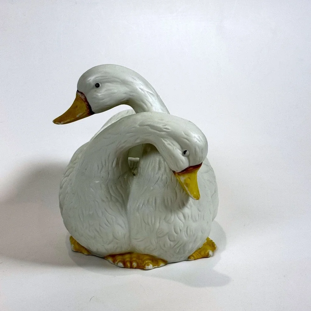 Vintage Double Duck White Cuddle Ducks Geese Figurine Planter Pot